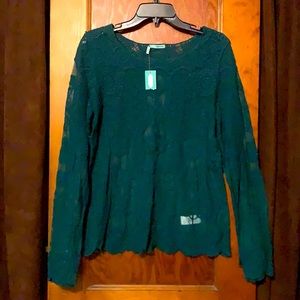 New! Hunter green lace top, long sleeves, large.